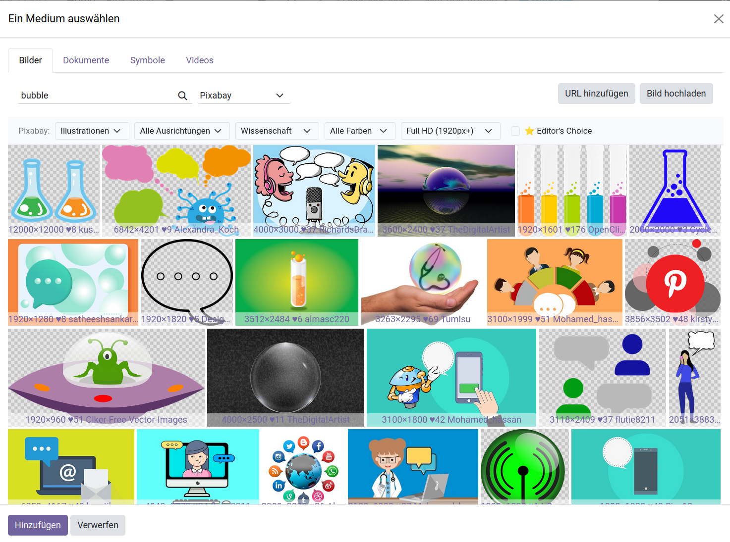 Media Dialog mit Pixabay Tab
